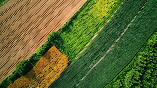 A stunning aerial view of a lush green field divided into sections by thin lines of bright yellow flowers