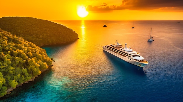 A stunning aerial view of a luxurious yacht in crystal clear waters surrounded by lush islands during a golden hour sunset