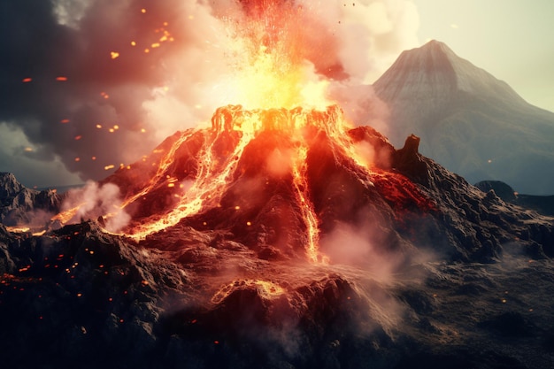 Stunning Aerial View of Majestic Volcano Erupting with Fiery Lava Flow Generated by AI