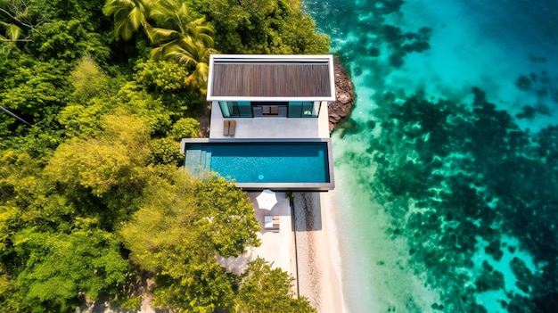 A stunning aerial view of a modern beachfront villa with a private infinity pool overlooking the pristine ocean