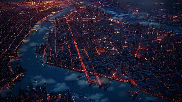 A stunning aerial view of a modern city at night The city is ablaze with lights