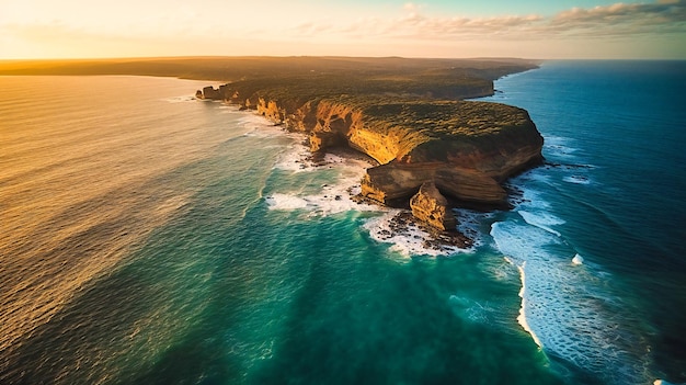 A stunning aerial view of the vast coastline bathed in golden hour light revealing captivating patterns and contrasts