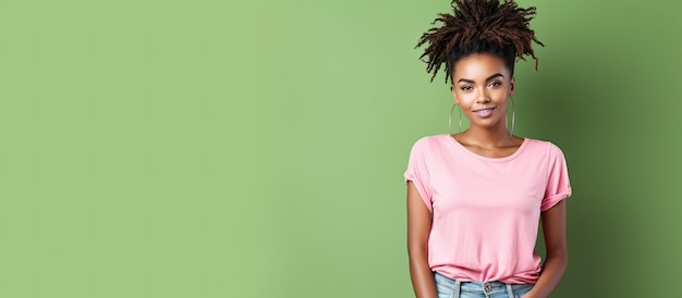 ドレッドヘアの髪型ワイドレッグ ジーンズ ピンク トップを持つ見事なアフリカの女の子は、薄緑の壁コピー スペースに分離されて自信を持って女性モデル