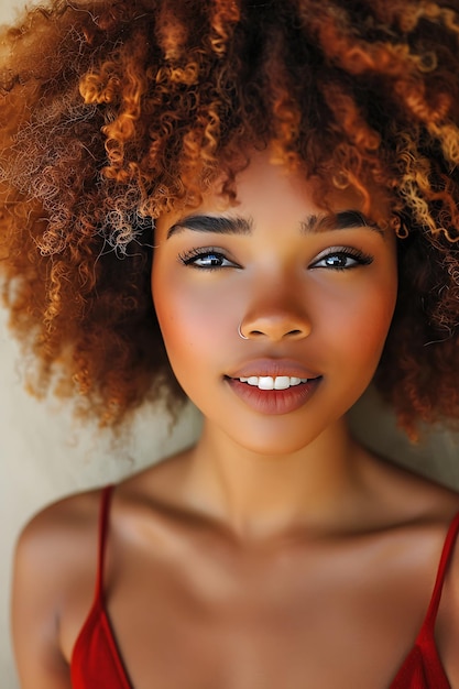 Stunning african model with voluminous curly hairstyle in elegant costume