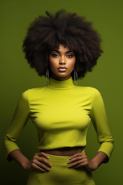 Photo stunning afro model in curvaceous lime green dress with natural hair