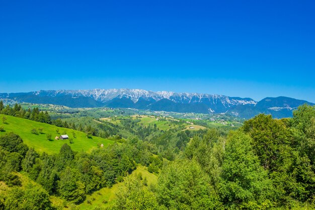 브라쇼브(Brasov) 근처의 녹지와 눈 덮인 높은 피아트라 크라이울루이(Piatra Craiului) 산이 있는 멋진 고산 풍경. 오래 된 목조 주택 산 농장입니다. 밀기울, 트란실바니아, 루마니아, 유럽.