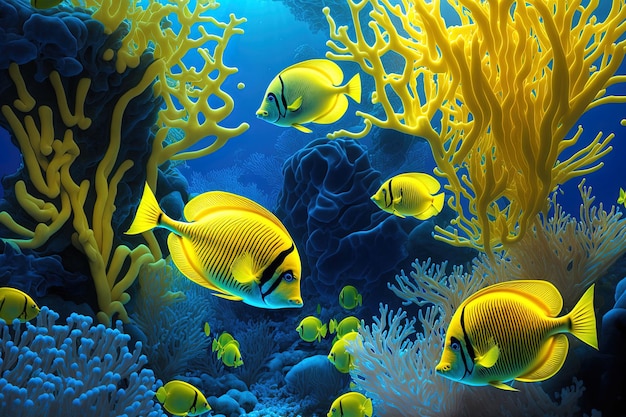 A stunning aquarium filled with fish and corals yellow zebrasome yellow tang