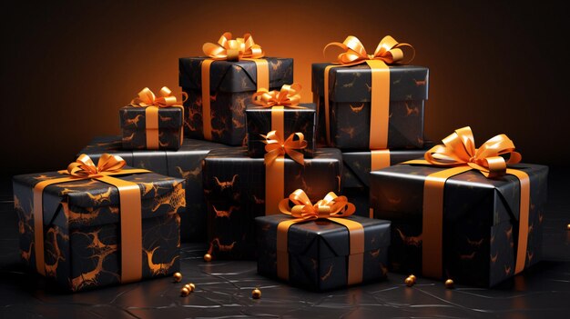 Stunning Arafed Black and Gold Gift Boxes with Vibrant Orange Bows and Luxurious Gold Ribbons Genera...