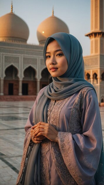 아름다운 세부적인 모스크 앞에 서 있는 멋진 아시아 여성