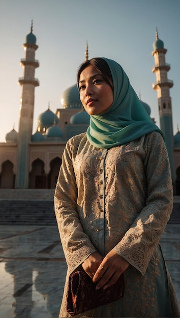 A stunning Asian woman adorned and standing in front of a beautifully detailed mosque