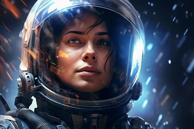 Потрясающая женщина-космонавт в футуристическом скафандре со светящимся шлемом, созданная искусственным интеллектом