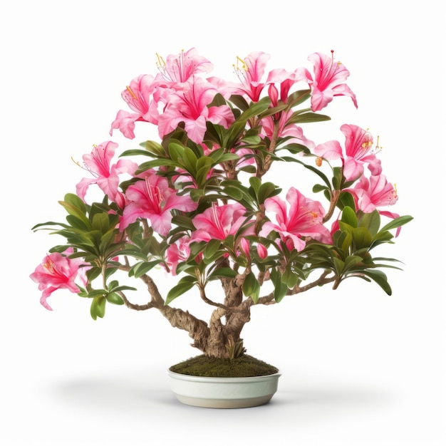 Foto lo stupendo albero di bonsai azalea con fiori rosa in vaso bianco