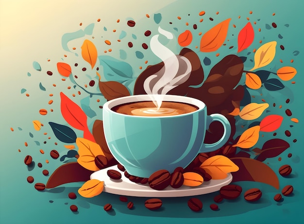 stunning background illustration of a steaming cup of coffee surrounded by lush coffee beans