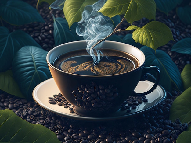 Stunning background of a steaming cup of coffee surrounded by lush coffee beans