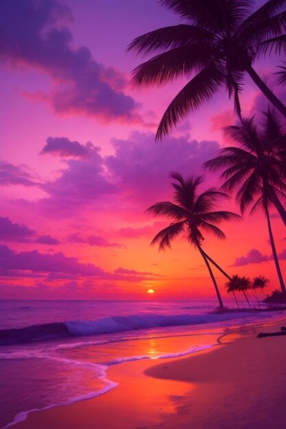 Stunning beach at sunset with palm trees