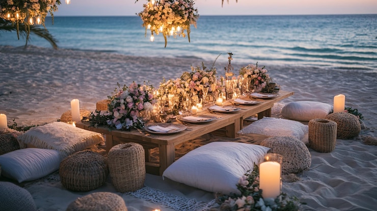 Photo stunning beachside dinner table adorned with candles set against the backdrop of a sunset over the ocean