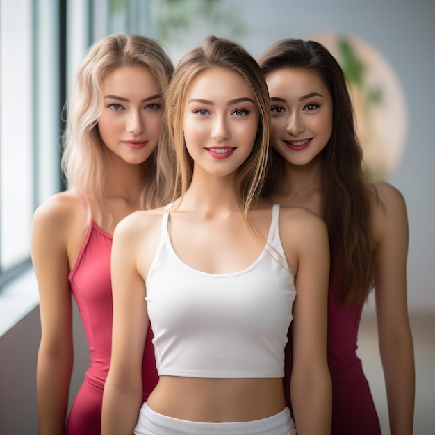 Stunning and beautiful young ladies wearing top tanks looking at the camera Modeling concept