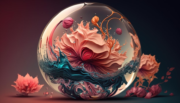 泡に閉じ込められた花の美しい 3D レンダリング アートワーク
