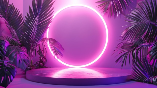 Stunning beauty fashion podium backdrop with neon lights and tropical palm leaves 3d rendering