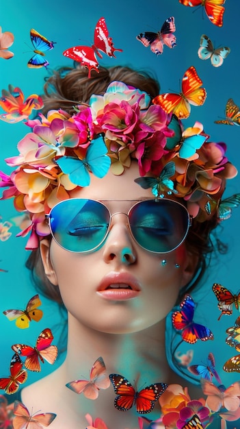 A stunning beauty portrait of a woman with a floral hairstyle and sunglasses