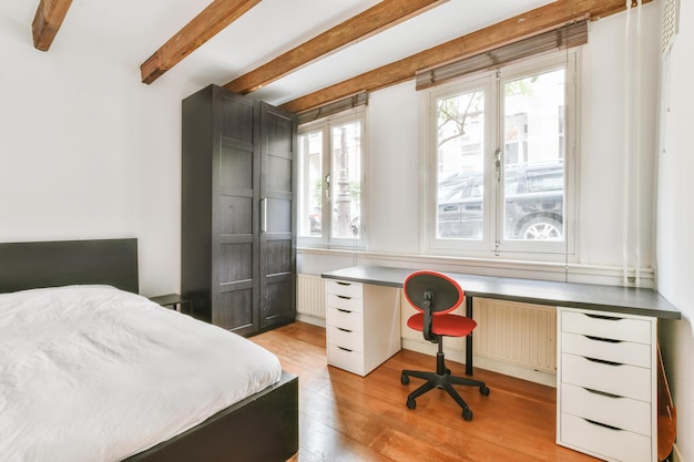 Stunning bedroom with a window and a white bedspread