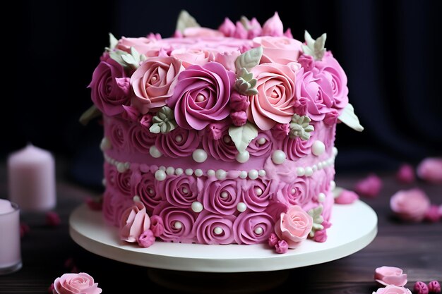 Фото Удивительный торт на день рождения, покрытый розовой глазурью и розами.