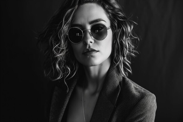 Фото Потрясающий черно-белый портрет красивой женщины в глубокой куртке и солнцезащитных очках