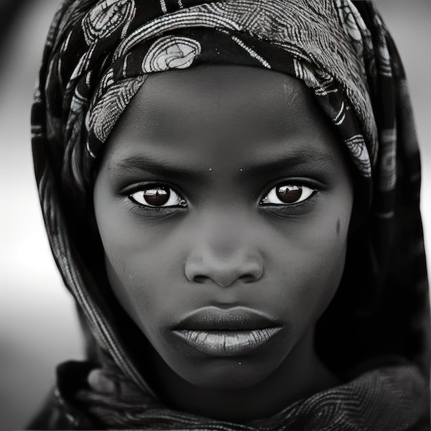 Stunning black girl in headscarf exuding childlike wonder