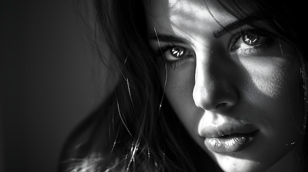 A stunning black and white portrait of a young woman with long flowing hair She is looking at the camera with a serious expression