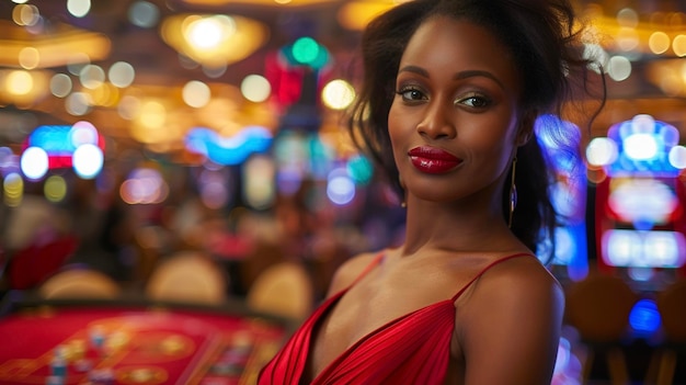 A stunning black woman in a dazzling red halter dress her bold red lipstick matching the intensity