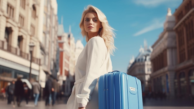 Stunning blonde lady with blue and white suitcases stands before crossing on the street