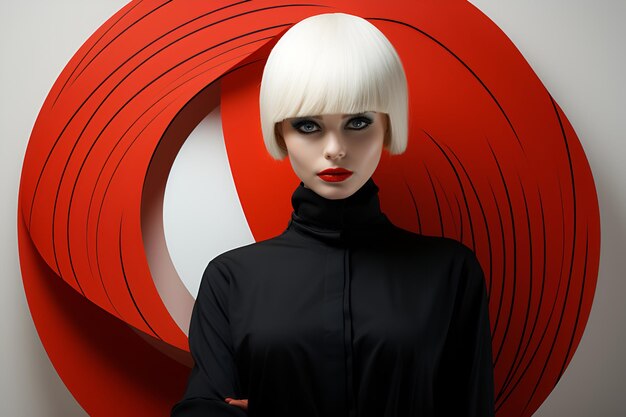 Stunning blonde woman in a black sweater on a white background with a red symbol magazine cover