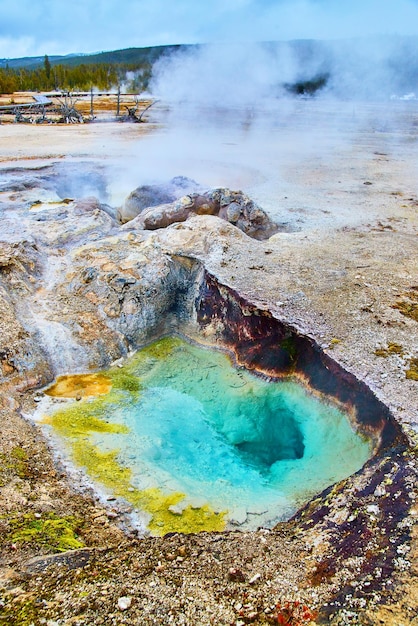 Stunning blue and green thermal pools with sulfur steam in yellowstone