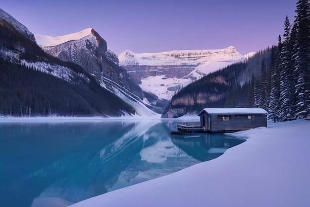 Stunning blue hour shot of a boat house on a crystal clear winter morning at Lake Louise Alberta Canada