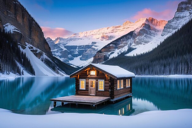 Photo stunning blue hour shot of a boat house on a crystal clear winter morning at lake louise alberta canada