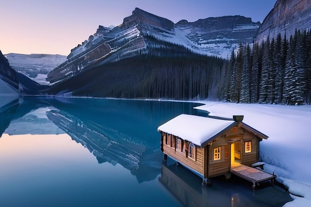 Stunning blue hour shot of a boat house on a crystal clear winter morning at Lake Louise Alberta Canada