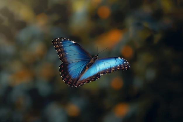 A stunning blue morpho butterfly captured midair with wings fully spread against a blurred natural background