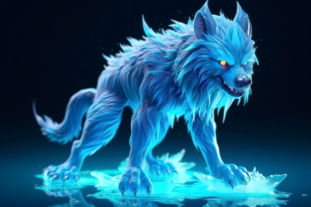 A stunning blue werewolf in the dark