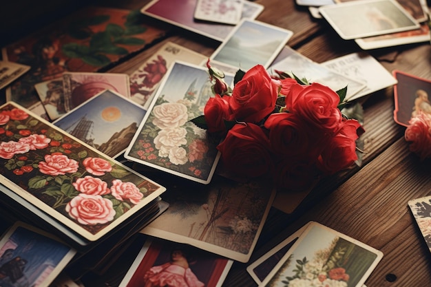 A stunning bouquet of roses adorns a simple wooden table creating a natural and elegant centerpiece Vintage Valentines Day postcards scattered on a wooden table AI Generated