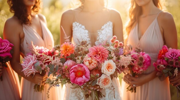 Photo a stunning bride and her bridesmaids pose up close in the organic surroundings of their wedding day generative ai