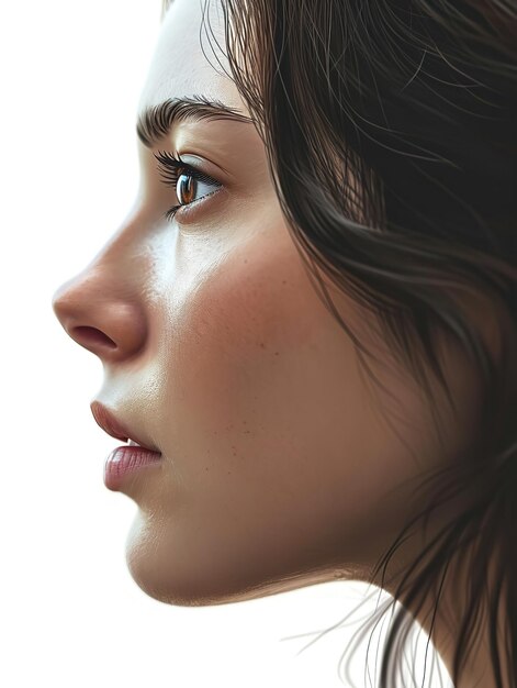 Stunning brunette woman with a clean face seen from the side against a white backdrop Generative AI