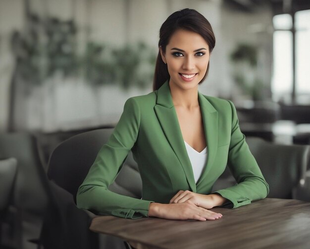 A stunning businesswoman in a green suit smiles radiantly