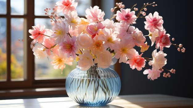 Photo a stunning capturing the essence of spring with an artfully arranged bouquet of vibrant flowers