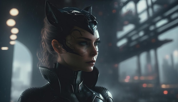 Stunning Catwoman posing amidst sleek and wild urban buildings in a futuristic black suit