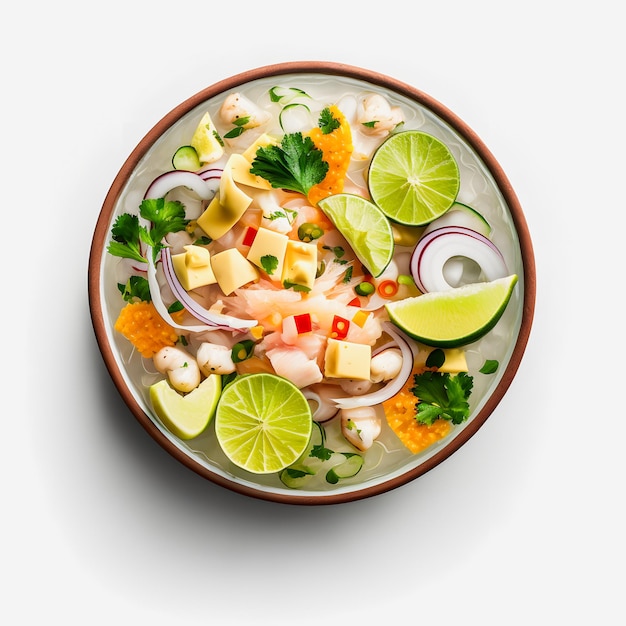 흰색 배경 음식 사진의 멋진 Ceviche.라틴 아메리카의 생생한 풍미 강조