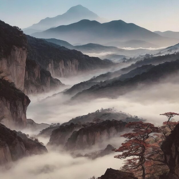 写真 インクと水彩の山を描いた驚くべき中国風景の壁画
