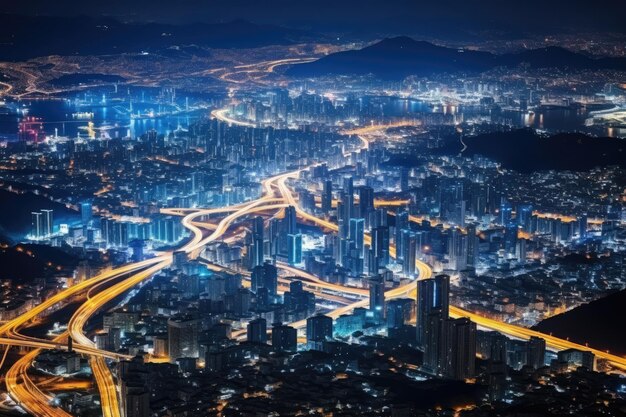 A stunning cityscape illuminated by the lights of the night