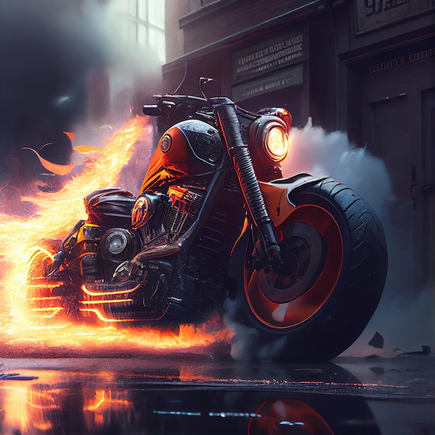 stunning classic motorbike on fire epic chopper or scrambler motorcycle