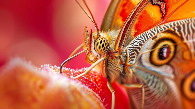Photo a stunning closeup of a butterfly perched on a flower the butterflys wings are a vibrant orange with intricate patterns of black and white