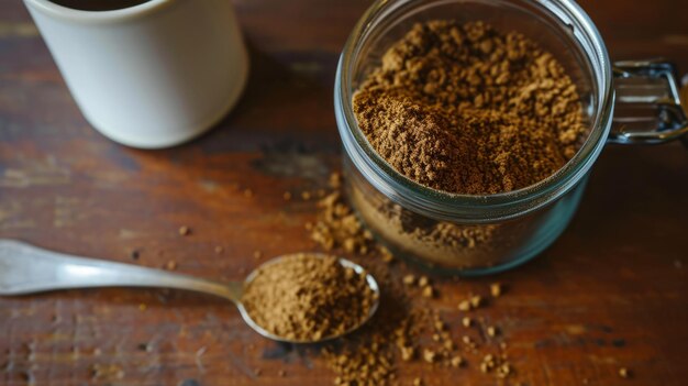 Photo stunning closeup freezedried instant coffee pours elegantly into empty cup standing next to coff